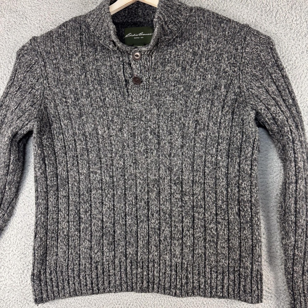 Eddie Bauer‎ Sweater Mens XL Gray Ribbed Lambswool Nylon Henley Button Mock Neck
